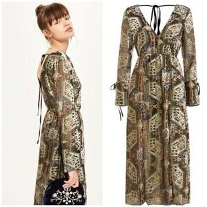 TOPSHOP Fairy Women Size 2 Floral Velvet 70s Style Front Slits Midi Dress Gold